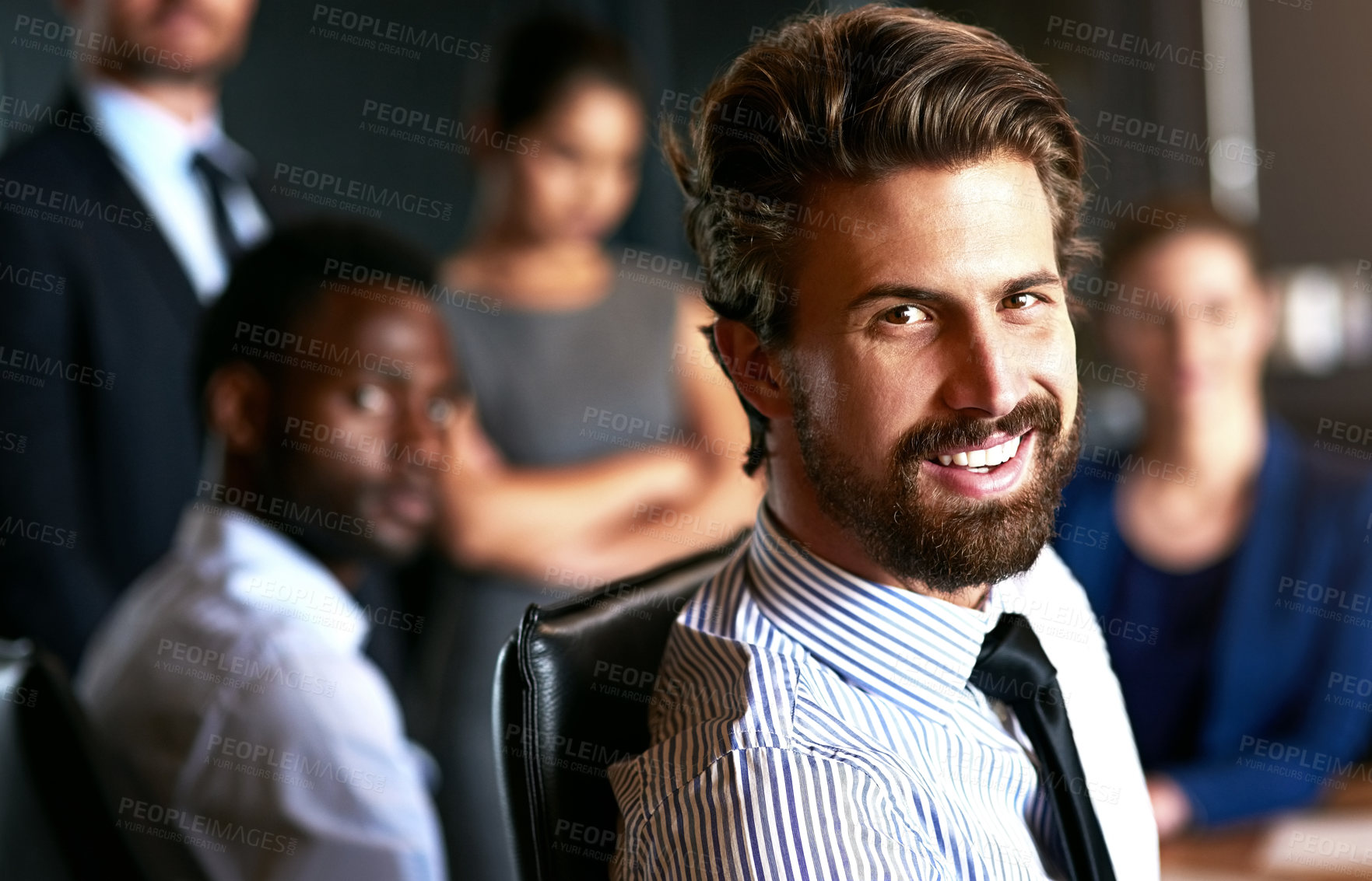 Buy stock photo Happy, portrait and businessman in office for meeting with team for corporate legal case. Smile, confident and face of male attorney with group of lawyers for collaboration at company in workplace