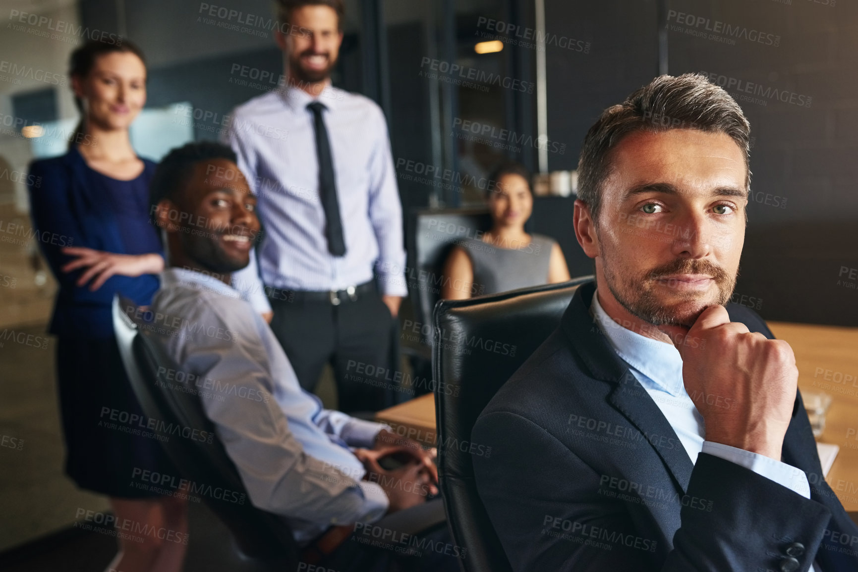 Buy stock photo Man, manager and confidence in office portrait, about us and proud staff in boardroom. Employees, financial firm and business meeting with company traders in workplace, together and group diversity