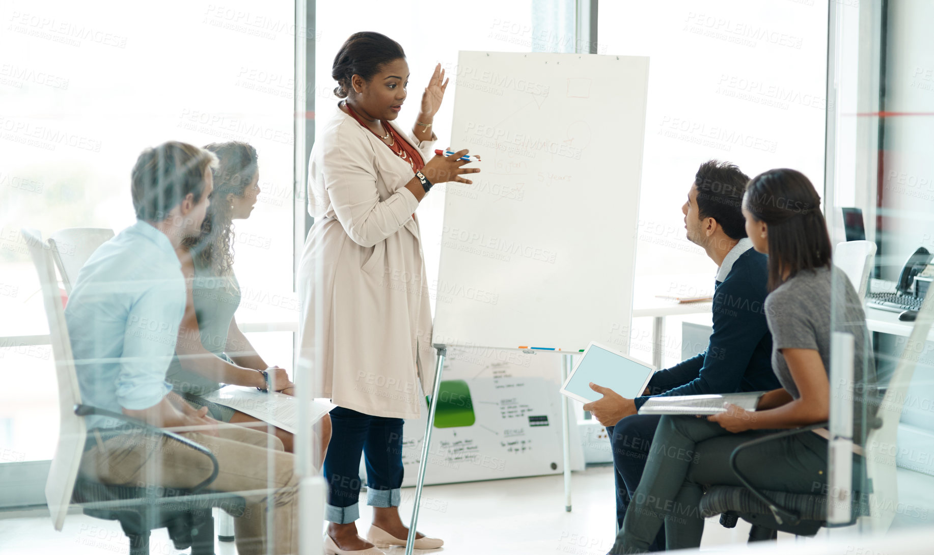 Buy stock photo Woman, presentation and people in boardroom meeting, business planning and white board demonstration. Presenter, company and goals or idea with strategy, collaboration with professional for project
