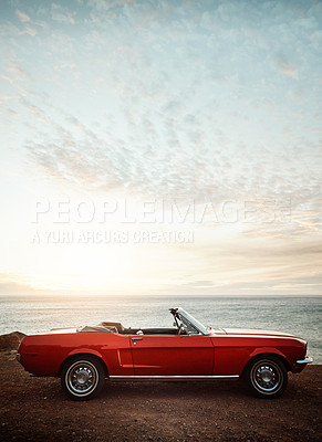 Buy stock photo Convertible, vintage car and sunset at beach for travel with road trip, adventure and journey with mockup space. Empty vehicle, transport and park on coast at seaside for ocean sunrise and scenery