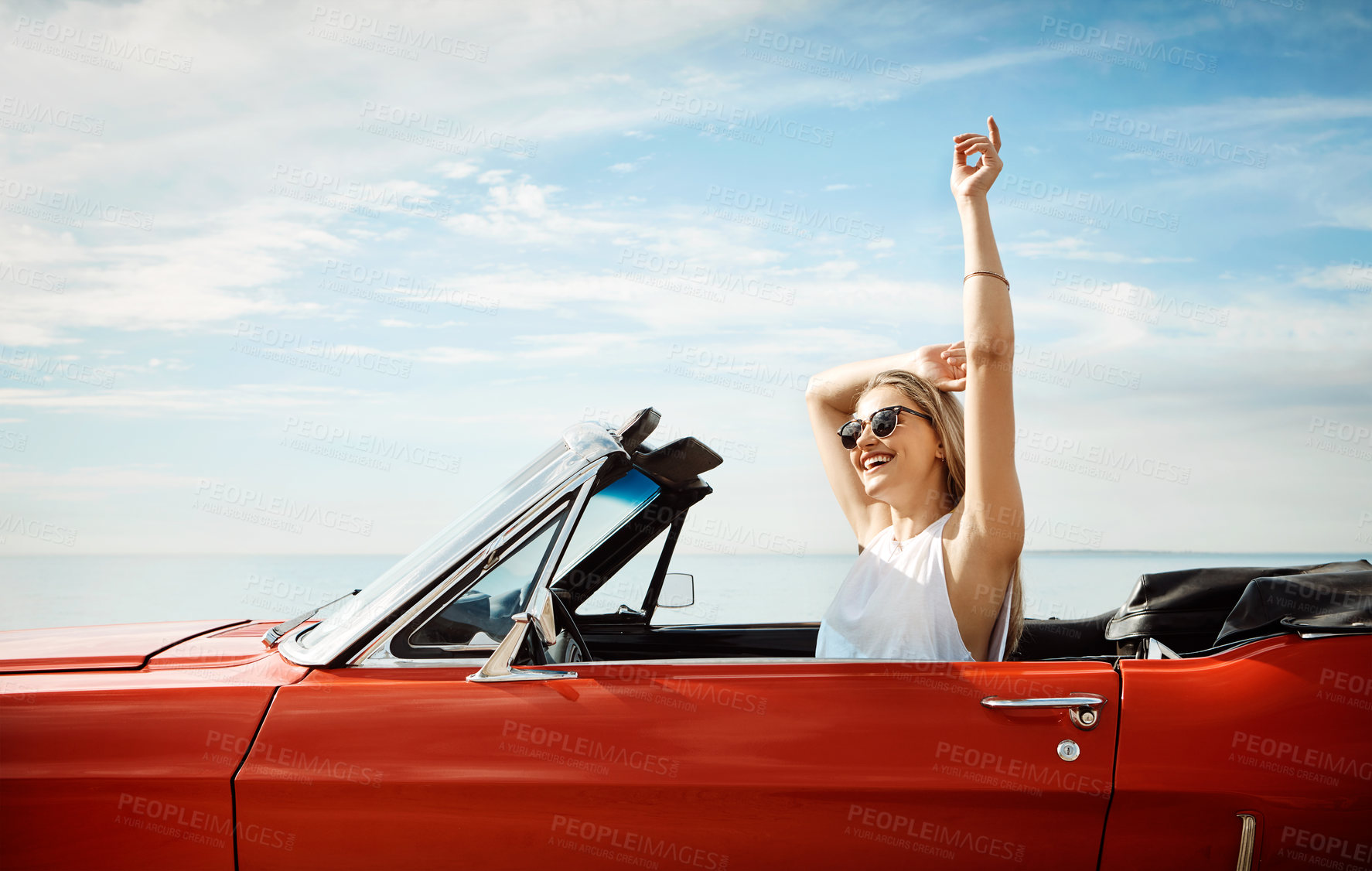 Buy stock photo Driver, road trip and woman in car with travel for adventure, summer vacation or sightseeing. Outdoor, holiday and female person with sunglasses for transportation, destination or explore in Florida