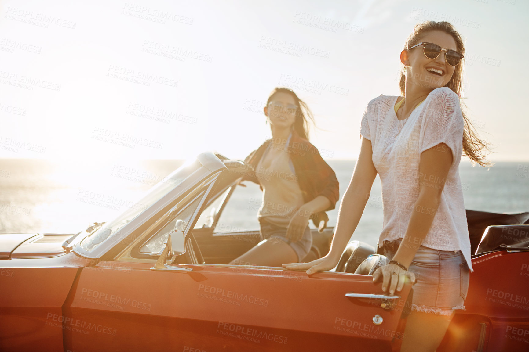 Buy stock photo Travel, car and people with smile by ocean for outdoor summer adventure, vacation and break. Holiday, drive and women with idea on road trip for tourism, beach sunset or sightseeing in Croatia