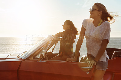 Buy stock photo Travel, car and women friends thinking by ocean for outdoor summer adventure, sunset and break. Holiday, drive and people with idea on road trip for beach vacation, sightseeing or tourism in Croatia