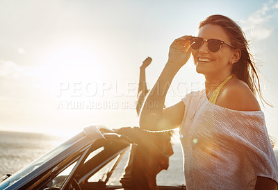 Buy stock photo Smile, portrait and woman with travel by ocean for outdoor adventure, holiday or break in convertible. Happy, summer and friends with drive on road trip for vacation, sunset or sightseeing in Croatia