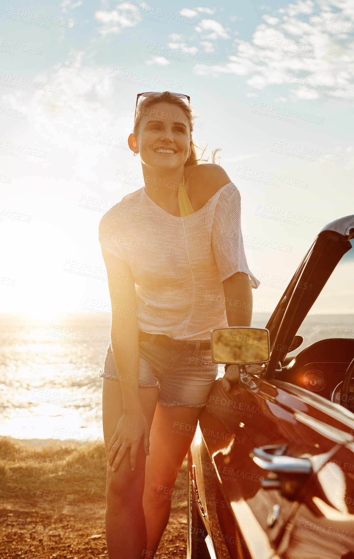 Buy stock photo Sunset, road trip and woman with car by beach with travel for summer vacation, journey or holiday. Happy, nature and person with by vehicle for self discovery adventure at destination in California.