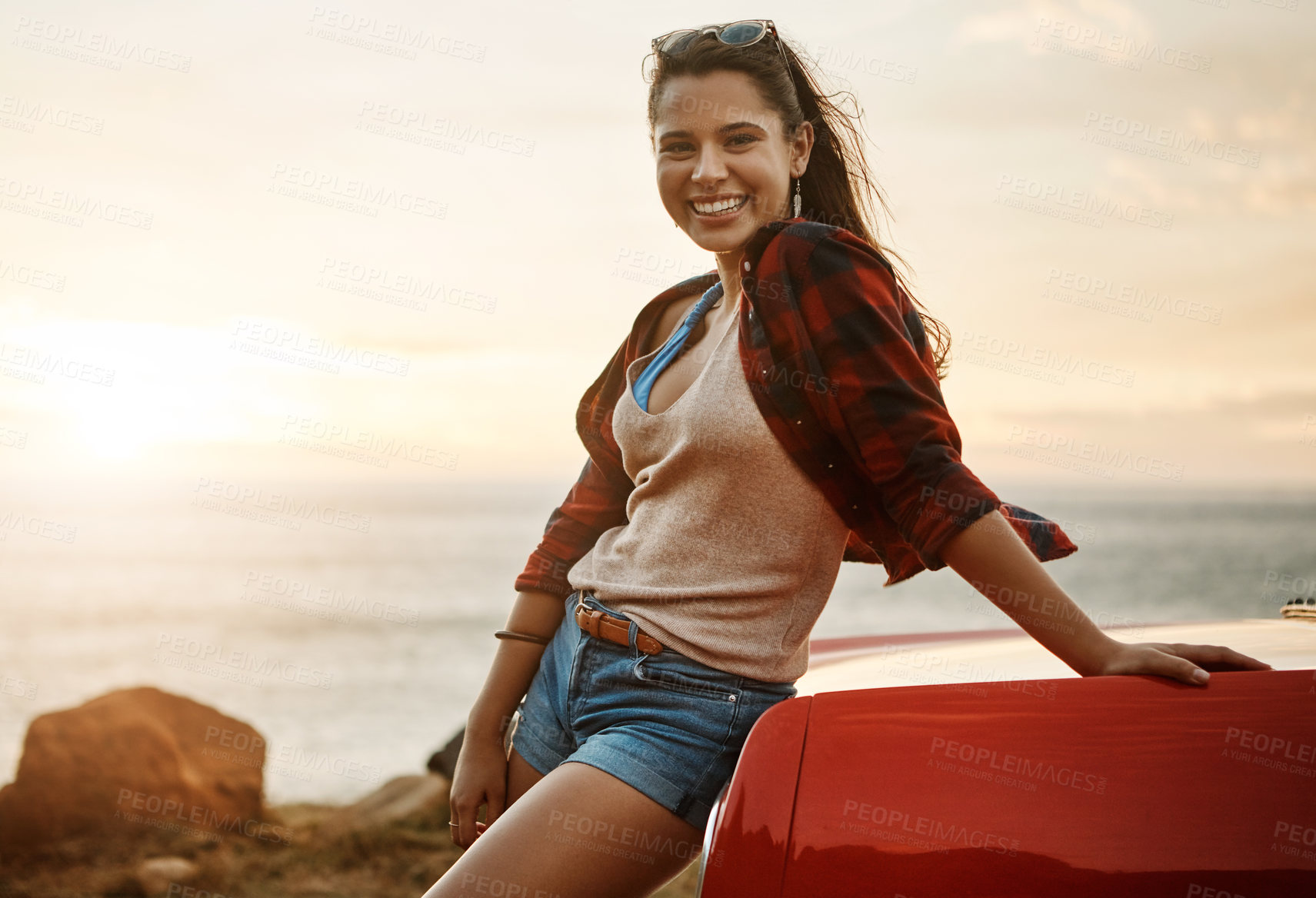 Buy stock photo Smile, road trip and portrait of woman by car for travel on vacation, adventure or weekend holiday. Happy, outdoor and female person by vehicle for watching sunset in summer freedom in Croatia.