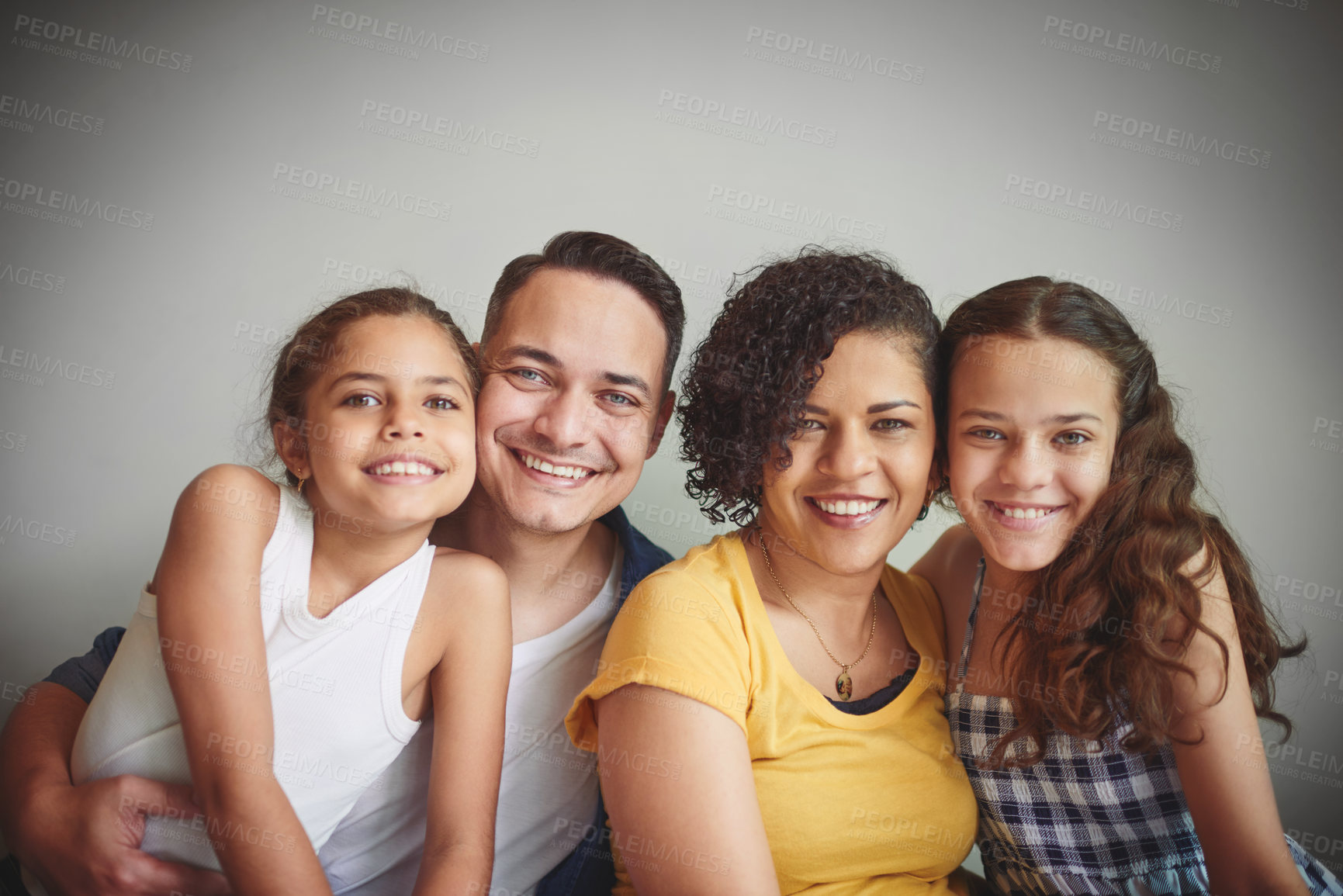 Buy stock photo Portrait, smile and parents with children house for love, security and bonding together of relationship. Happy, kids and family with support for care, comfort and connection of childhood development
