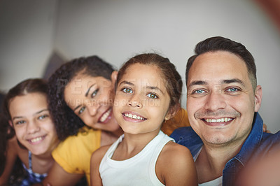 Buy stock photo Portrait, happy and family with selfie at house for photography, bonding together and social media post. Smile, parents and children with profile picture update, love and safety for childhood memory