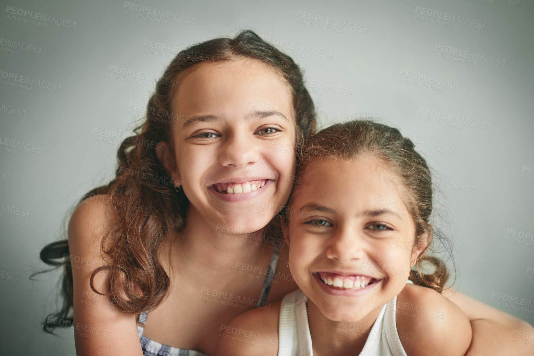 Buy stock photo Portrait, children and smile for oral care, wellness and together for dentistry on wall background. Kids, mouth and happy for confidence, teeth cleaning or health for dental hygiene or orthodontics