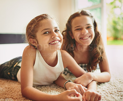 Buy stock photo Portrait, happy children and girls for health, together and bonding in living room or family home. Smile, kids and siblings with joy, play or childcare for relax, weekend and vacation as young people