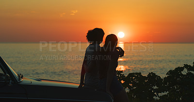 Buy stock photo Sunset, hug and beach with couple, car and travel with adventure, vacation and getaway trip. Silhouette, people and ocean with summer, outdoor or nature with view and romance with vehicle and holiday