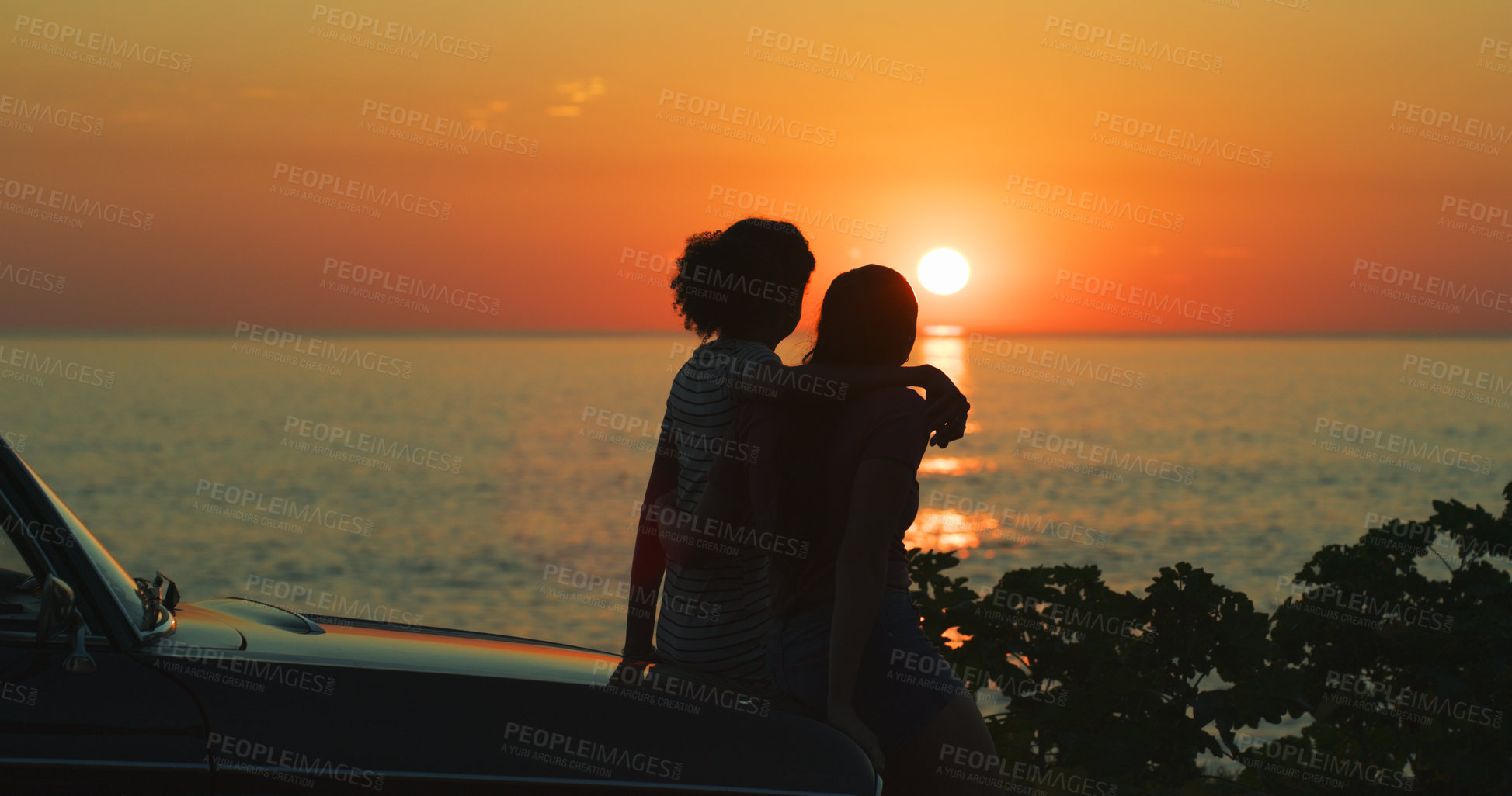 Buy stock photo Sunset, hug and beach with couple, car and travel with adventure, vacation and getaway trip. Silhouette, people and ocean with summer, outdoor or nature with view and romance with vehicle and holiday