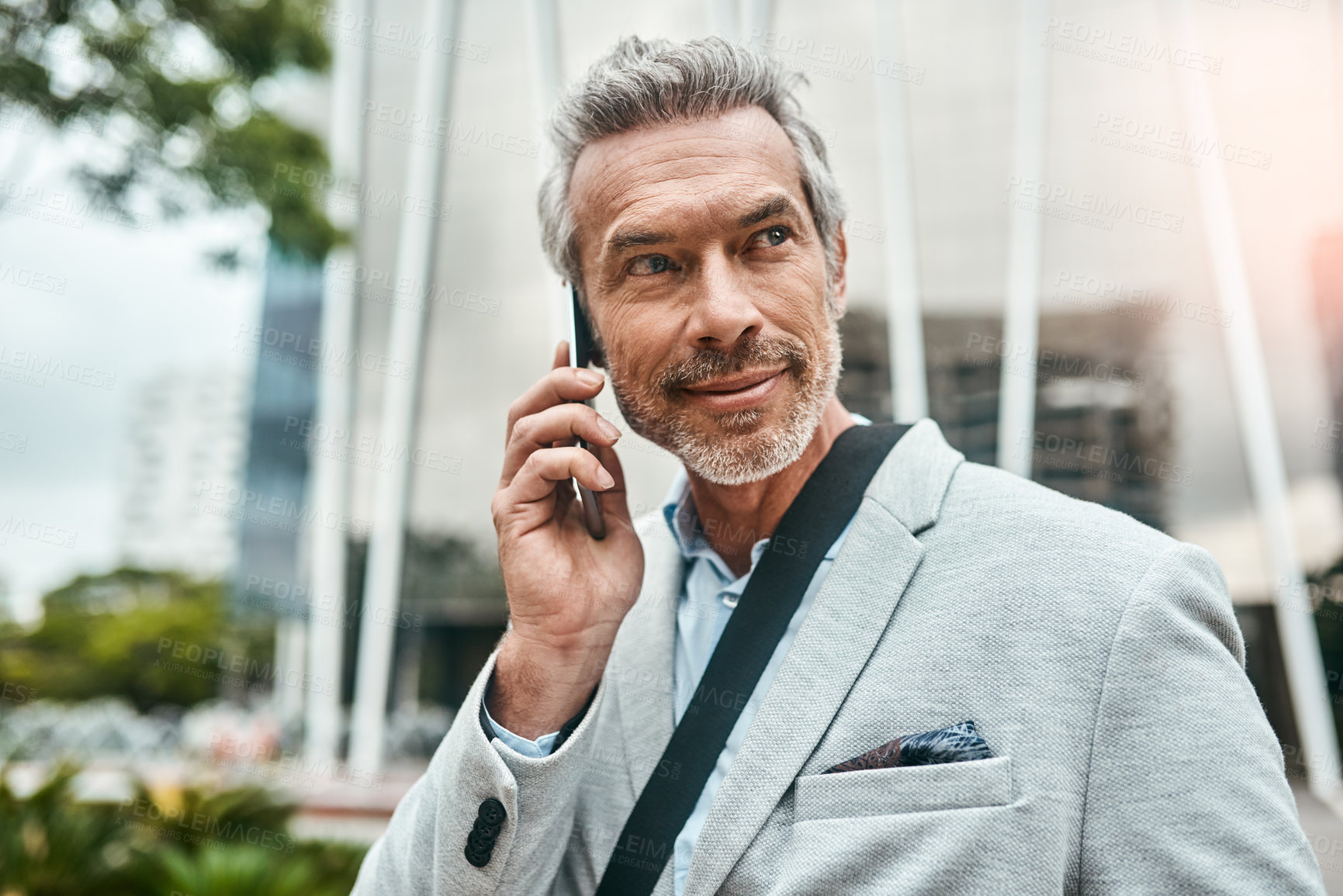 Buy stock photo Business, mature man and phone call with thinking for morning commute, work travel and entrepreneur in park. Professional, ceo and cellphone with talking, discussion or management for city journey