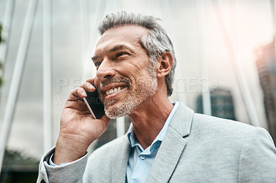 Buy stock photo Outside, business and man with happiness in phone call for good news and communication on company growth. Mature  person, corporate and employee on conversation, networking and connection in England