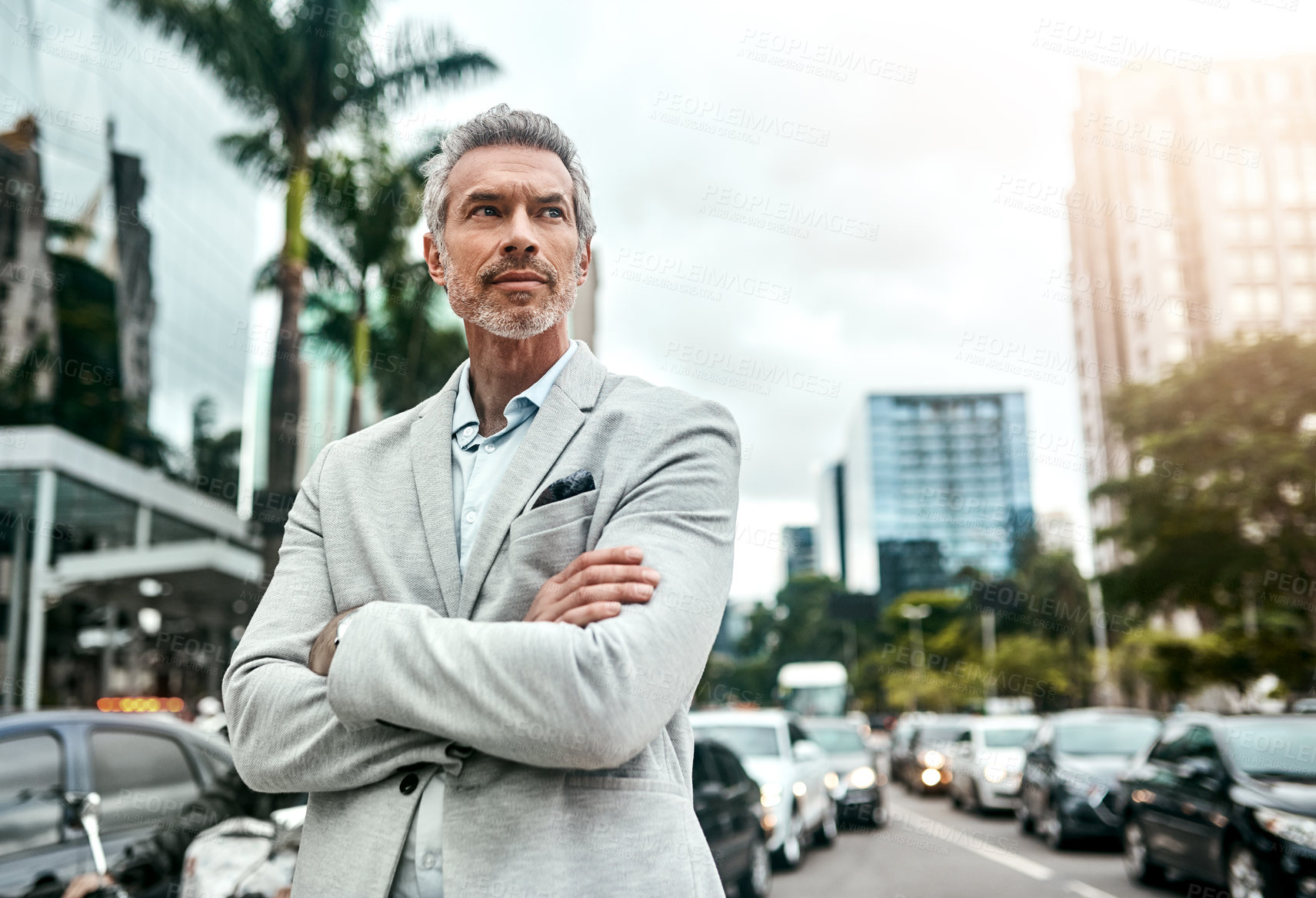 Buy stock photo Thinking, business and mature man with arms crossed in city, ideas and urban town with buildings. Choice, real estate developer or corporate outfit with confidence, New York or professional in street