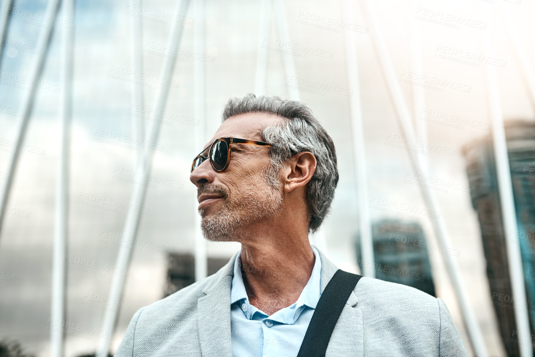 Buy stock photo Thinking, agent and mature man in city, ideas and urban town with buildings, sunglasses and choice. Solution, real estate developer and happy professional with confidence, New York and funky eyewear