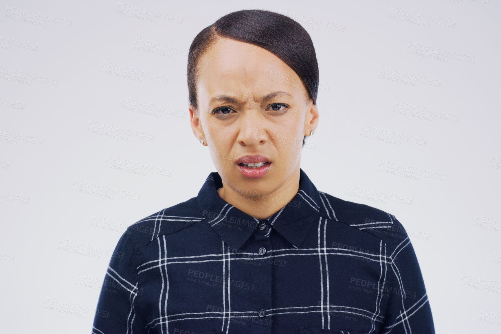 Buy stock photo Confused, doubt and portrait of a woman in studio with an unsure, uncertain or wtf facial expression. Emoji, question and young female person with serious face or emotion isolated by gray background.