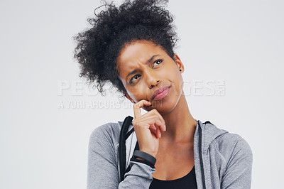 Buy stock photo Black woman, serious and isolated thinking of fitness, workout idea or planning exercise and health goals. Girl, think or plan decision for training, gym or remember sport ideas on white background