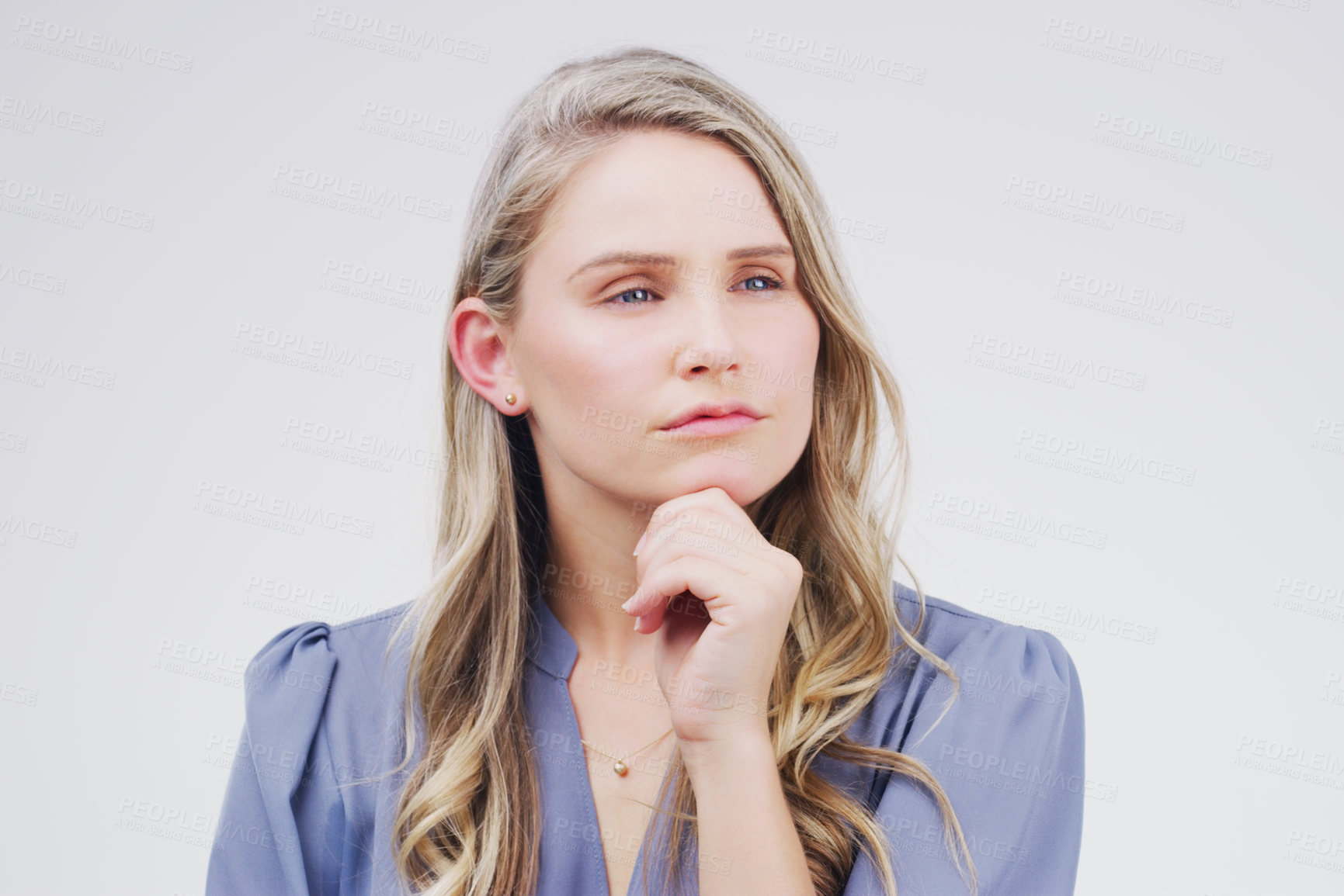 Buy stock photo Thinking, confused and woman with doubt in studio for brainstorming, problem solving or solution isolated on white background. Vision, idea and planning future, decision or reflection for inspiration