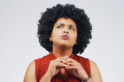 Buy stock photo Confused, doubt and woman in studio thinking on mockup, copy space and grey background. Decision, emoji and face of African female person with option, choice and puzzled expression while isolated