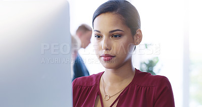 Buy stock photo Woman, office and reading with computer, thinking and working for professional crm. Worker, technology and email for research, report and internet service for business and online search for plan