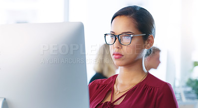 Buy stock photo Office, glasses and computer for project, woman and vision for reading, research and copywriter in agency. Working, monitor and internet in workplace, email and blog of company by person or employee