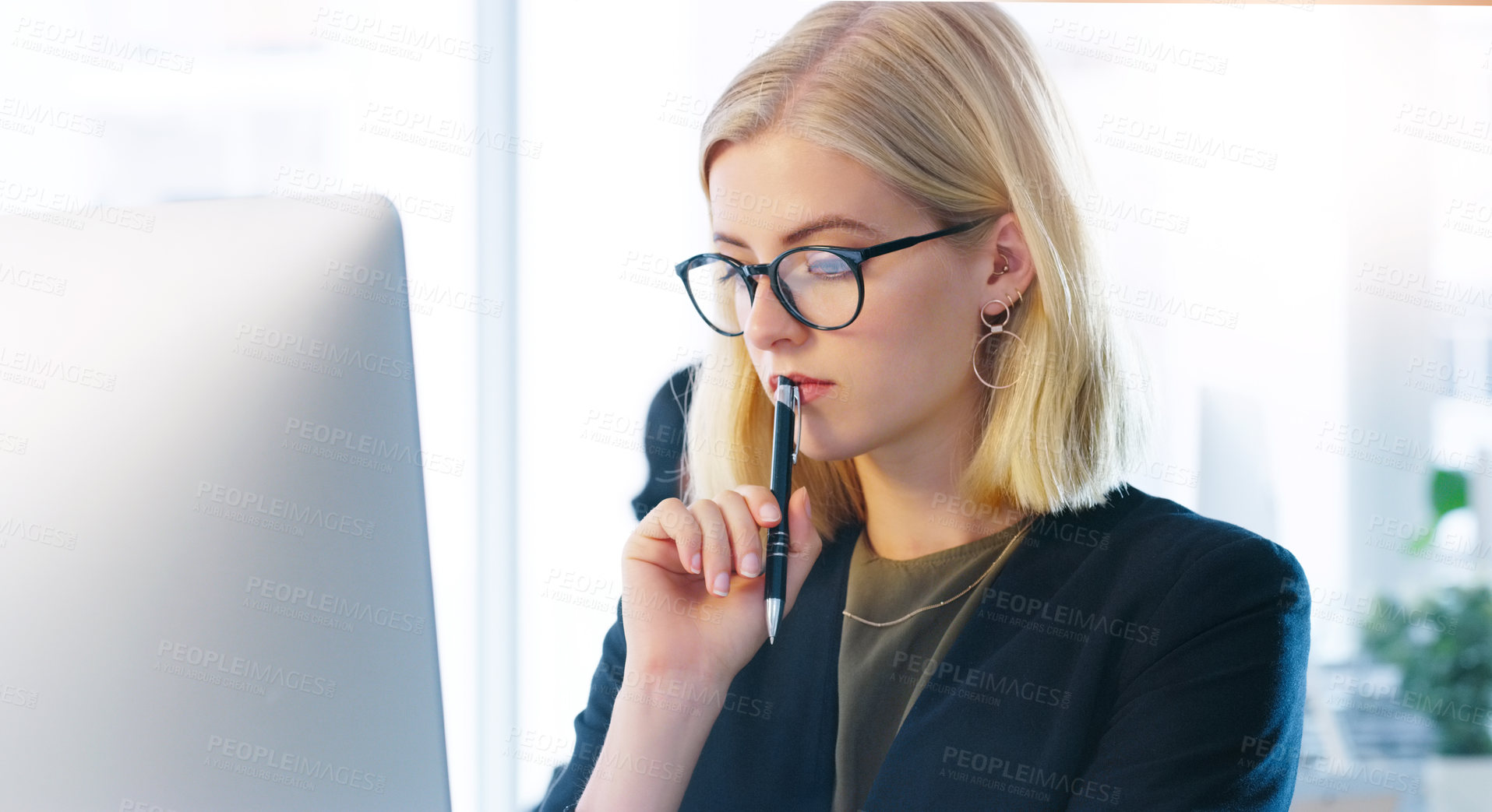 Buy stock photo Office, glasses and computer for thinking, woman and vision for ideas, job and receptionist in agency. Secretary, laptop and internet in workplace, email and schedule of company by person or employee