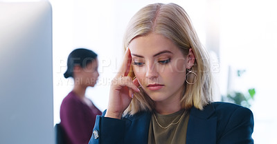 Buy stock photo Business, headache and woman with burnout, stress and overworked with mental health and anxiety in office. Person, professional and consultant with migraine and compliance officer with pain and tired