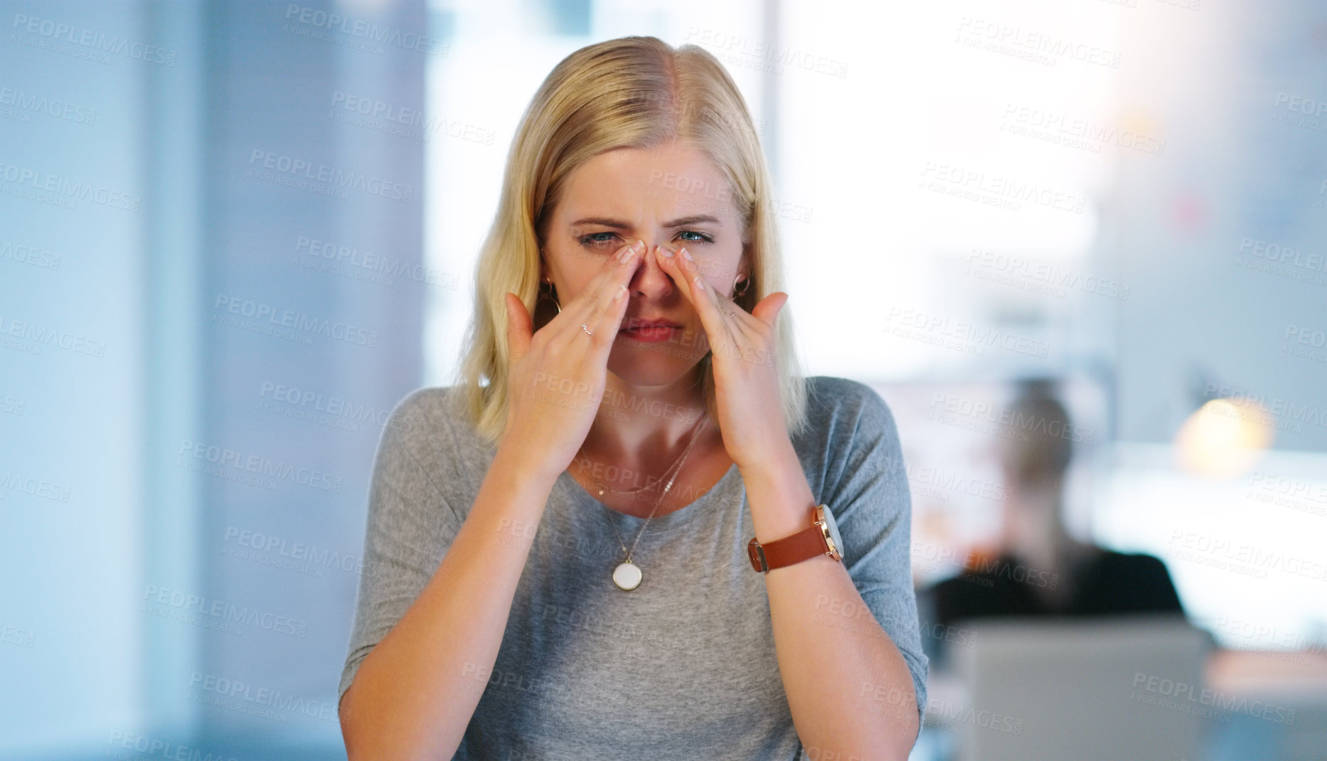 Buy stock photo Businesswoman, portrait and headache with stress pressure or sinus tension for nose, allergies or burnout. Female person, face and hands as assistant or overtime fatigue or exhausted, pain or virus