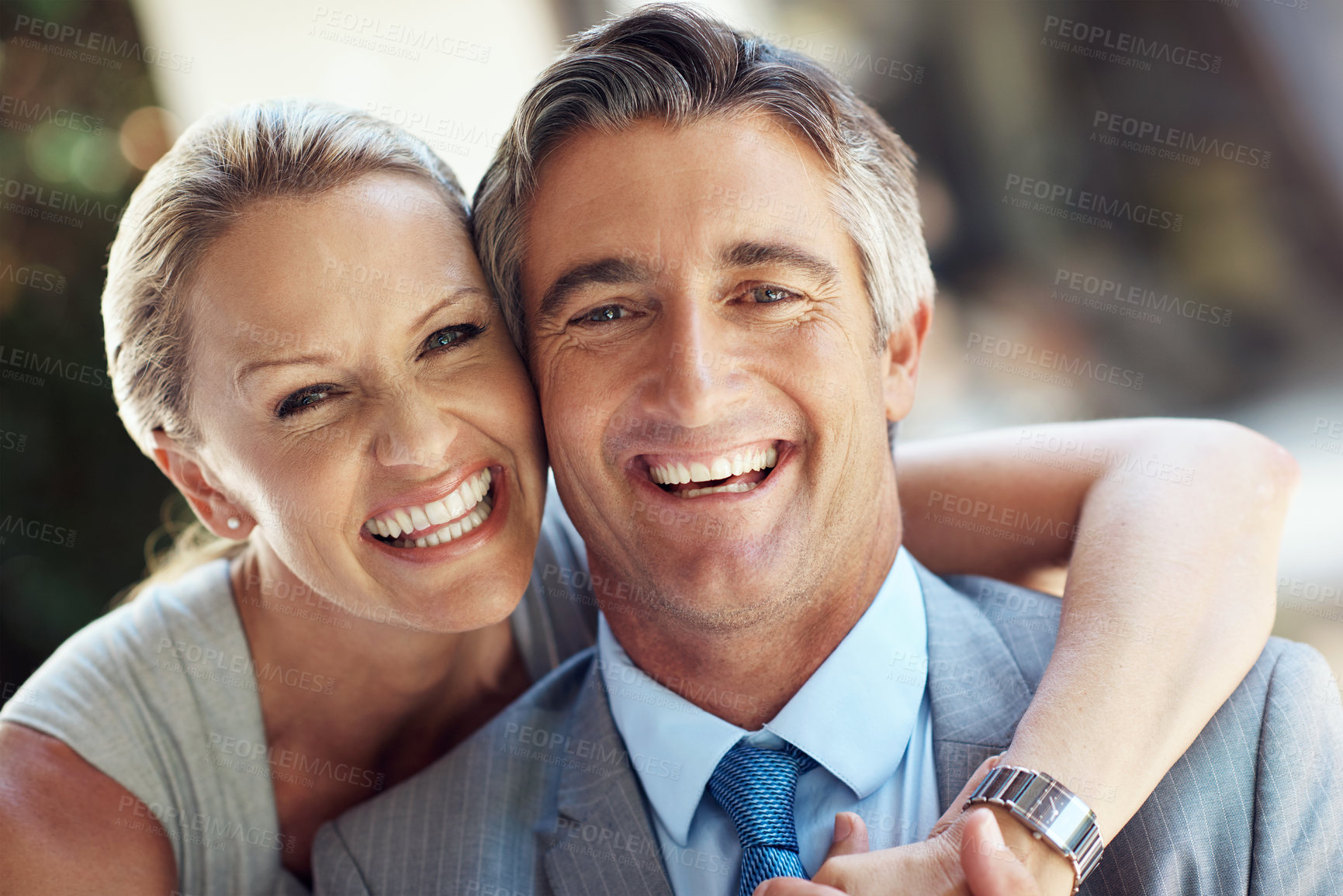 Buy stock photo Affection, outdoor and mature couple with smile, bonding and people with love, confident and marriage. Professional, politician and man with woman, formal and care in relationship, embrace and USA