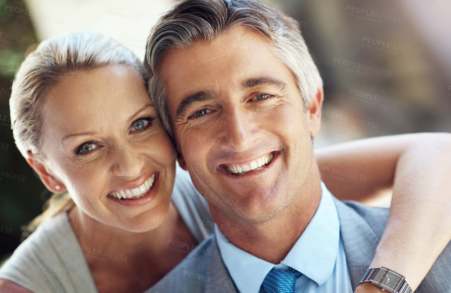 Buy stock photo Business, hug and portrait of happy couple with support, pride and confidence in morning. Mature man, woman and partnership in corporate management for entrepreneur team with love, smile and bonding