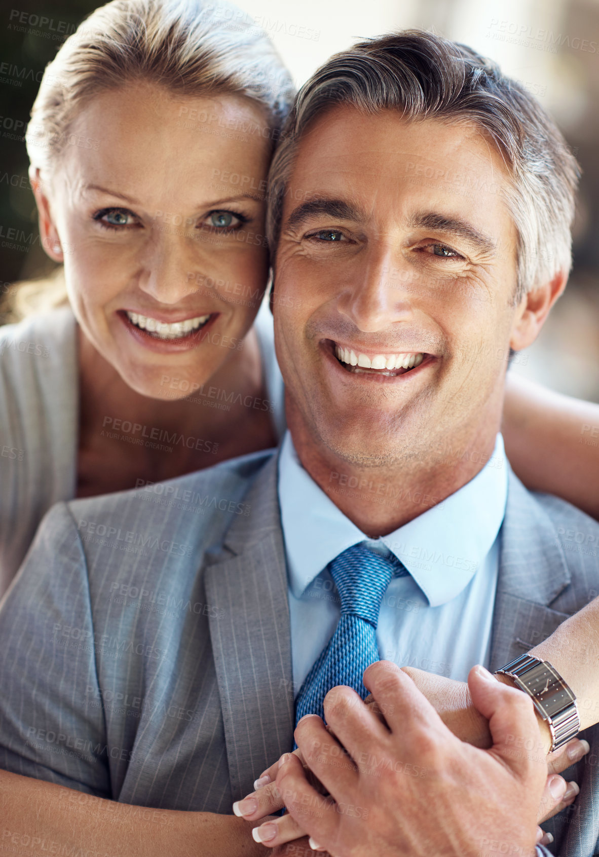 Buy stock photo Business, embrace and portrait of mature couple with smile, support and confidence in morning. Man, woman and happy partnership in corporate management for entrepreneur team with love, trust and hug