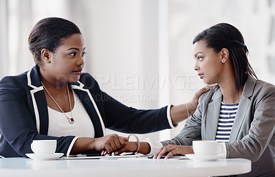 Buy stock photo Listen, women and support in office with empathy, care and solidarity as psychologist for company. Female people, comfort and compassion for grief counselling, conversation and mental health at work