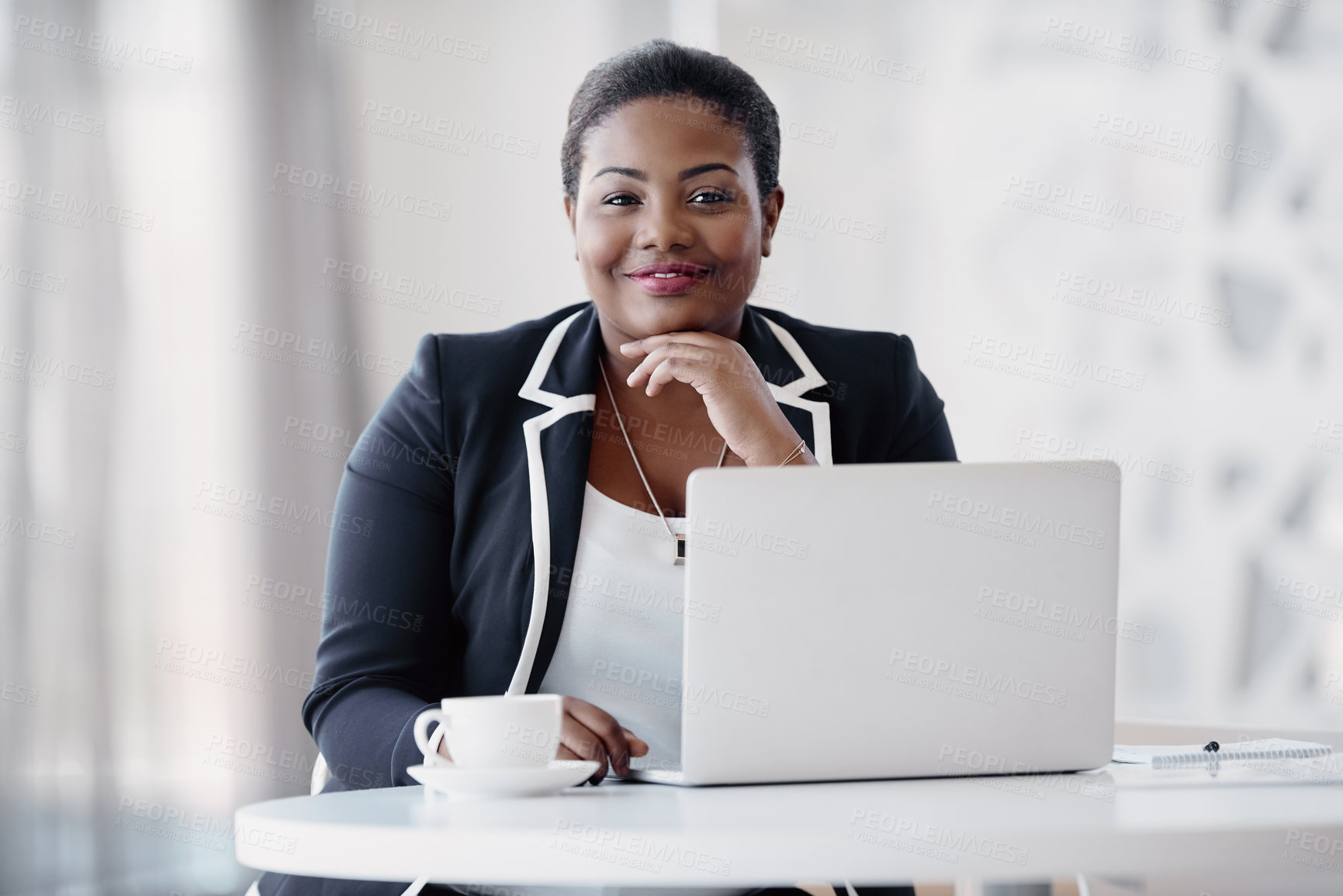 Buy stock photo African woman, laptop and happy at office in portrait for career in risk management at private investment bank. Financial advisor, person and computer for virtual consultation for wealth in Nigeria