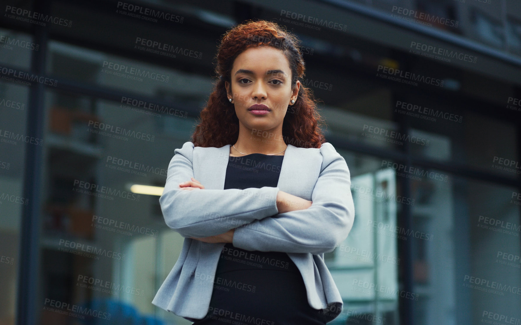 Buy stock photo Outdoor, business woman and arms crossed in portrait as lawyer, legal advice or ready with pride. Career, worker or female person with confidence, professional or executive attorney outside for break