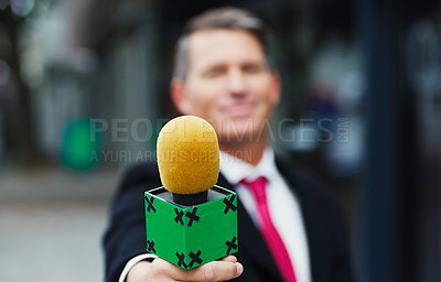 Buy stock photo Professional, journalist or man with microphone outdoor for reporting news, information or broadcast. Career, male person or media worker with mic for live streaming, interview or reporter with tech
