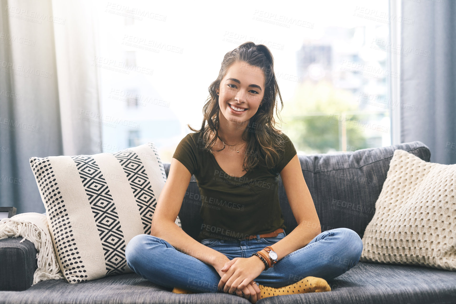 Buy stock photo Happy, morning and portrait of woman on sofa for resting, relaxing and comfortable on weekend. Home, living room and person on couch for chilling, break and calm with confidence, pride and smile