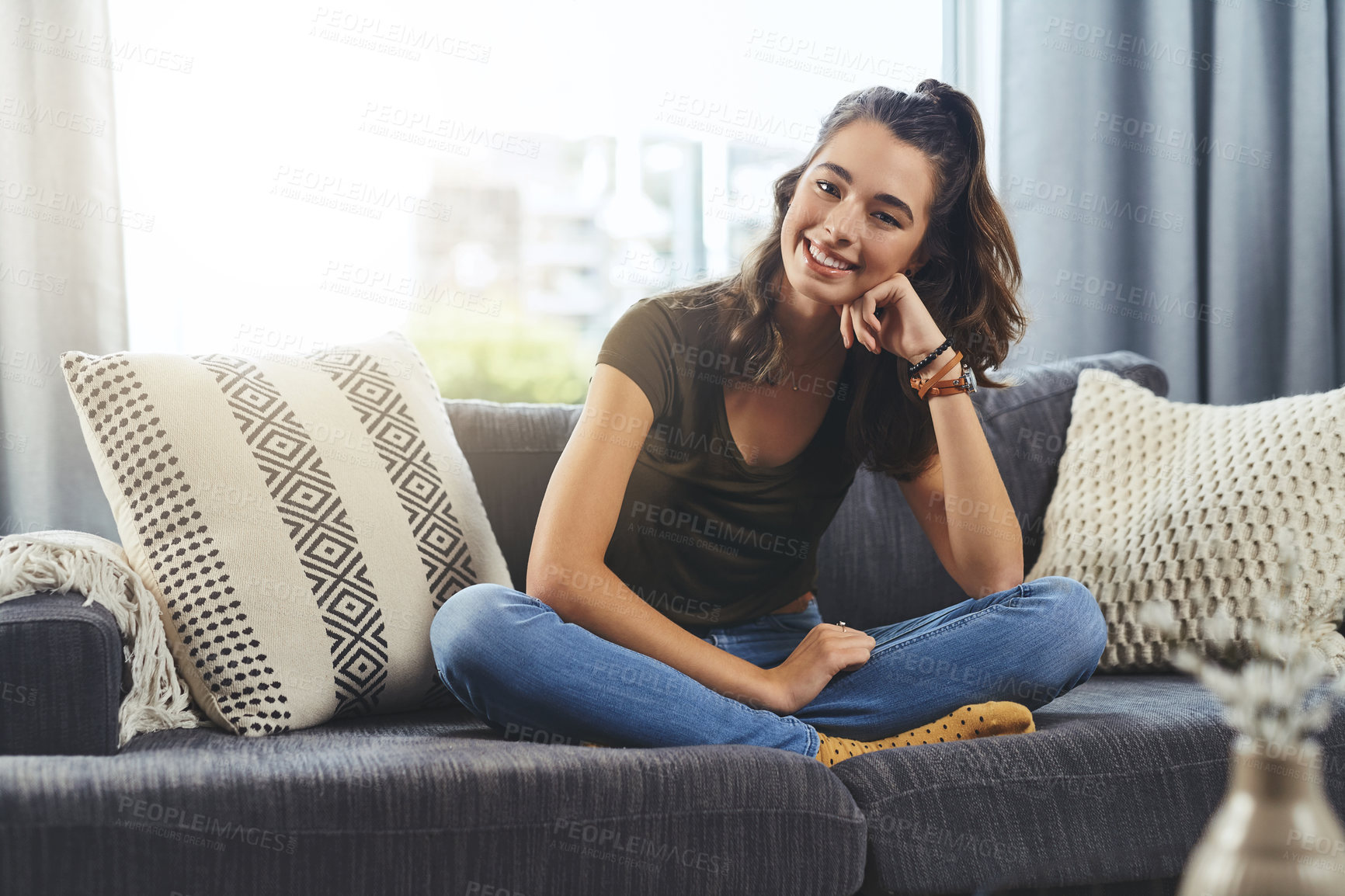 Buy stock photo Happy, chill and portrait of woman on sofa for resting, relaxing and comfortable on weekend. Apartment, living room and person on couch for positivity, break and calm with confidence, pride and smile