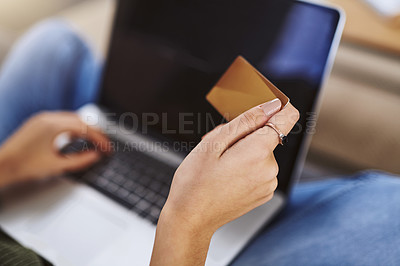 Buy stock photo Hands, laptop and credit card for online shopping, payment and internet bank ecommerce with fintech. Female person, planning and financial transaction for paperless purchase, startup and subscription