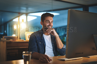 Buy stock photo Computer, night and man in office with research for software development and data analytics of system. Reading, technology and male IT specialist working overtime with online firewall configuration.