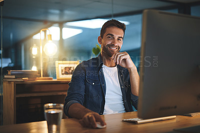 Buy stock photo Computer, happy and man in office at night for software development and data analytics of system. Portrait, technology and male IT specialist working overtime with online firewall configuration.