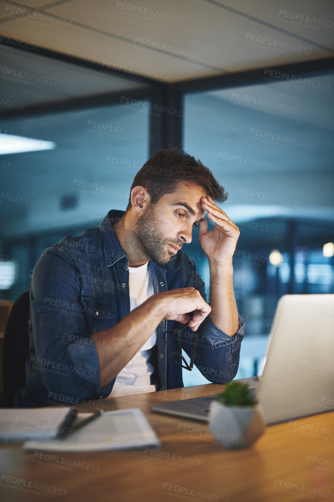 Buy stock photo Businessman, headache and tired of reading on laptop
with stock market crash, burnout or overworked. Employee, stress and migraine at desk in office for investment mistake and economy crisis at night