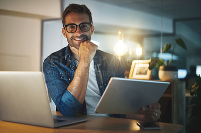 Buy stock photo Businessman with laptop, tablet and portrait at night for research project, online website and internet. Startup, office and person on digital tech working late for planning, networking and review