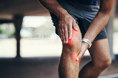 Buy stock photo Knee pain, workout and injury by athlete after fitness, running and outdoor exercise with an emergency. Closeup, hurt and male person or man with training accident or discomfort on his leg