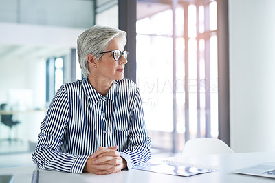 Buy stock photo Business, desk and thinking with mature woman in office for management, planning or vision of company. Idea, future and mindset with confident employee in professional workplace for development