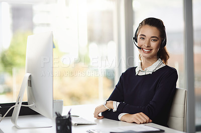 Buy stock photo Portrait, woman and headset of call centre in office for customer support, telemarketing and communication. Girl, computer and consultant with crm, faq information and feedback for ecommerce advice