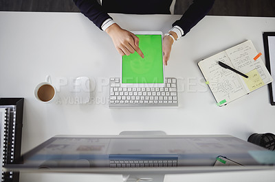 Buy stock photo Hands, business and person with tablet in office for communication, social media and texting contact. Above, mockup space and typing on digital with networking, information and feedback for proposal