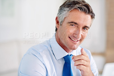 Buy stock photo Portrait of a confident mature businessman wearing a suit and sitting indoors while pointing at the camera