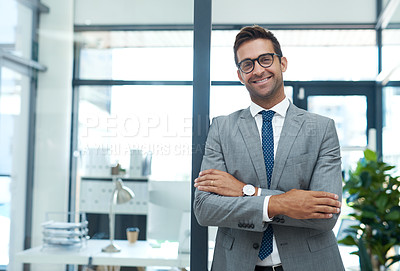 Buy stock photo Portrait of a well-dressed businessman standing in his office