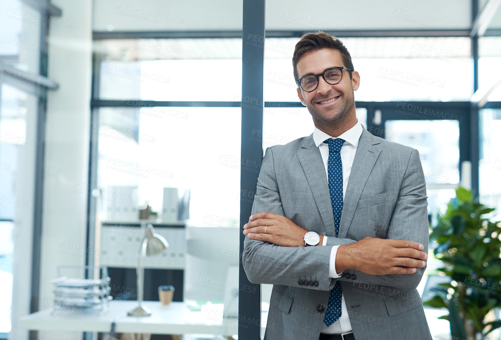 Buy stock photo Crossed arms, confident and portrait of businessman in office with ambition for finance career. Happy, corporate and male financial specialist with pride for company revenue and wealth management.